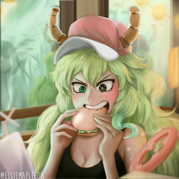Anime picture 900x900 with kobayashi-san chi no maidragon kyoto animation lucoa (maidragon) elliemaplefox single long hair blush fringe breasts open mouth hair between eyes large breasts holding green eyes signed cleavage horn (horns) green hair black eyes teeth