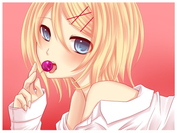 Anime picture 1400x1050 with vocaloid kagamine rin yayoi (egoistic realism) single short hair open mouth blue eyes blonde hair bare shoulders off shoulder portrait eating licking girl hair ornament tongue bobby pin x hair ornament lollipop