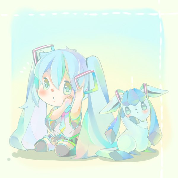 Anime picture 2000x2000 with pokemon vocaloid nintendo hatsune miku glaceon nou long hair looking at viewer blush highres simple background sitting twintails blue hair aqua eyes chibi gen 4 pokemon girl detached sleeves animal