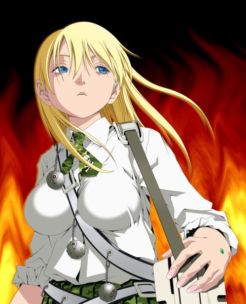 Anime picture 1050x1300 with btooom! madhouse himiko (btooom!) smile (rz) single long hair tall image fringe breasts blue eyes blonde hair looking away fingernails girl weapon shirt necktie white shirt grenade