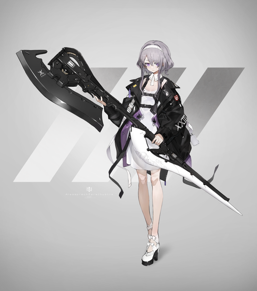Anime picture 1236x1400 with original also sprach zarathustra (neco) e (neco) yucca-612 (neco) single tall image fringe short hair simple background hair between eyes standing purple eyes full body long sleeves head tilt grey hair grey background open jacket high heels gradient background