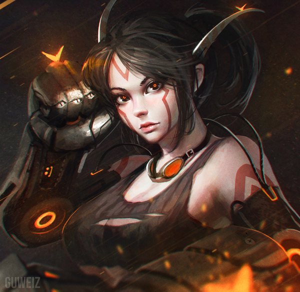 Anime picture 900x876 with original guweiz single long hair looking at viewer breasts light erotic black hair large breasts ponytail head tilt lips black eyes orange eyes torn clothes glowing eyeshadow mechanical arms bodypaint goggles around neck
