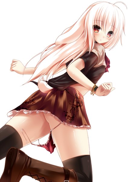 Anime picture 1415x2000 with original syroh single long hair tall image red eyes animal ears white hair animal tail looking back panty pull girl thighhighs skirt black thighhighs miniskirt boots