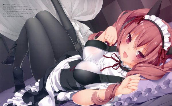 Anime picture 4302x2664 with steins;gate white fox faris nyannyan kani biimu long hair blush highres open mouth light erotic red eyes wide image animal ears pink hair absurdres cat ears maid drill hair girl headdress maid headdress
