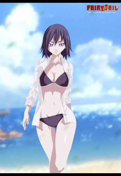Anime picture 940x1369 with fairy tail juvia lockser schwarrtz single tall image short hair light erotic black hair smile sky cloud (clouds) pink eyes inscription open clothes open shirt coloring letterboxed girl navel swimsuit