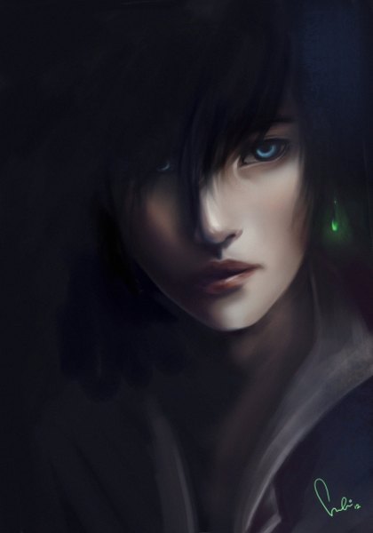Anime picture 900x1286 with howl's moving castle studio ghibli howl lunakidz (artist) single tall image blue eyes black hair glowing dark background face open collar boy earrings