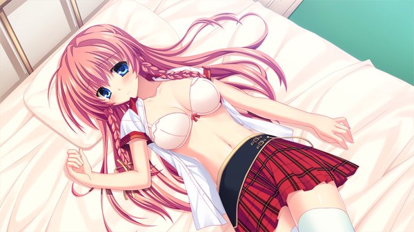 Anime picture 1280x720 with kozukuri shiyou yo souma-kun single long hair blush blue eyes light erotic wide image pink hair game cg lying open clothes open shirt girl thighhighs skirt uniform school uniform shirt white thighhighs lingerie