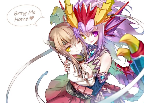 Anime picture 974x700 with kantai collection puzzle & dragons taihou armored aircraft carrier sonia (p&d) hong (white spider) long hair looking at viewer simple background smile brown hair white background purple eyes multiple girls yellow eyes purple hair one eye closed horn (horns) wink inscription hug