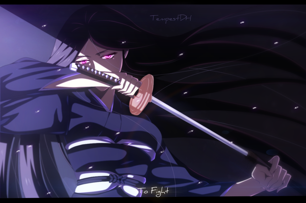 Anime picture 1280x853 with bleach studio pierrot unohana retsu tempestdh single long hair black hair japanese clothes pink eyes sunlight inscription coloring girl weapon sword belt kimono katana