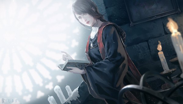 Anime picture 2000x1148 with elden ring sorceress sellen xuchaoyuan single long hair looking at viewer fringe highres blue eyes black hair wide image sitting holding signed payot parted lips hair over one eye wide sleeves girl pendant