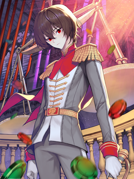 Anime picture 1000x1333 with persona 5 persona persona 5 the royal akechi gorou kyundoo single tall image looking at viewer fringe short hair hair between eyes red eyes brown hair standing holding long sleeves head tilt wind light boy