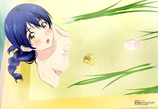 Anime picture 5939x4093 with shokugeki no soma j.c. staff megami magazine tadokoro megumi single long hair blush highres open mouth light erotic yellow eyes blue hair absurdres braid (braids) nude official art girl vegetables bath leek