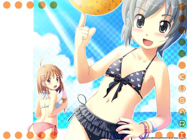 Anime picture 1280x960 with breasts multiple girls flat chest heart print girl 2 girls swimsuit bikini heart black bikini tagme