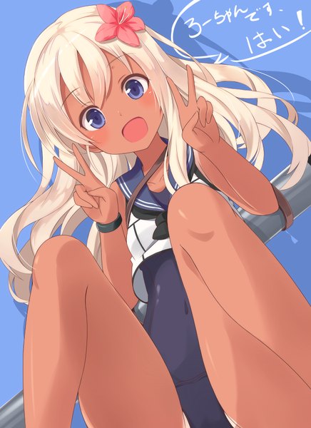Anime picture 654x900 with kantai collection ro-500 submarine takehana note single long hair tall image looking at viewer blush fringe open mouth blue eyes light erotic simple background blonde hair sitting ahoge bent knee (knees) head tilt :d hair flower