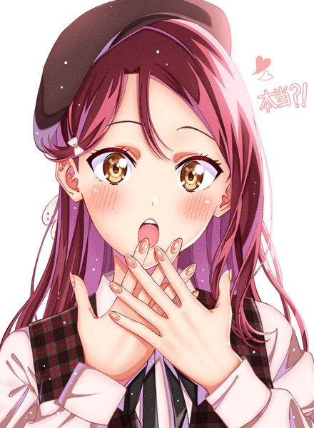 Anime picture 1022x1393 with love live! sunshine!! sunrise (studio) love live! sakurauchi riko ojyomu single long hair tall image looking at viewer blush fringe open mouth simple background white background brown eyes yellow eyes payot upper body red hair nail polish