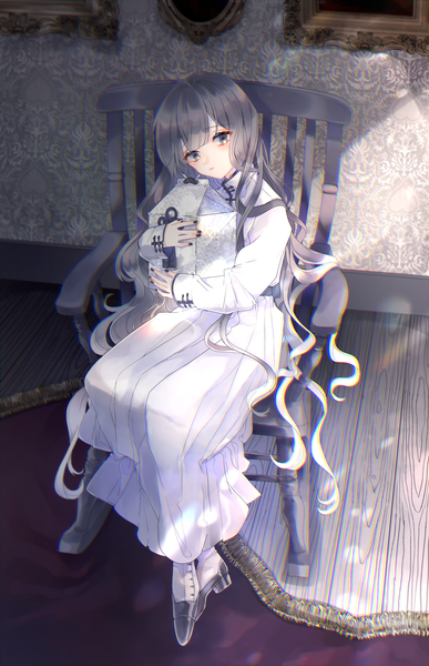 Anime picture 2000x3100 with original chilcy single tall image highres sitting looking away indoors very long hair nail polish head tilt grey hair grey eyes hug girl chair picture frame
