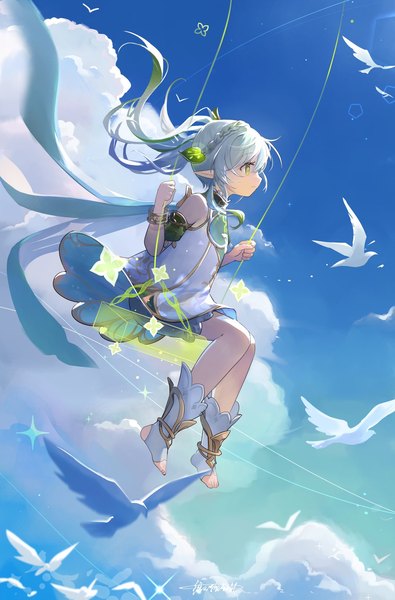 Anime picture 1348x2048 with genshin impact nahida (genshin impact) issign single long hair tall image fringe smile hair between eyes sitting bare shoulders green eyes signed looking away sky silver hair cloud (clouds) full body bent knee (knees) outdoors