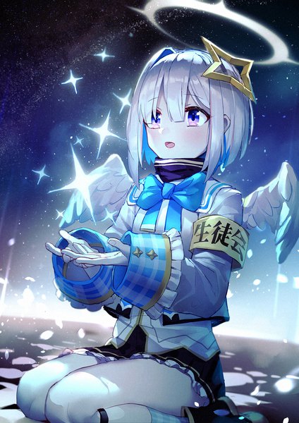 Anime picture 1320x1867 with virtual youtuber hololive amane kanata amane kanata (1st costume) mr.lime single tall image fringe short hair open mouth hair between eyes sitting purple eyes looking away silver hair :d multicolored hair colored inner hair girl wings