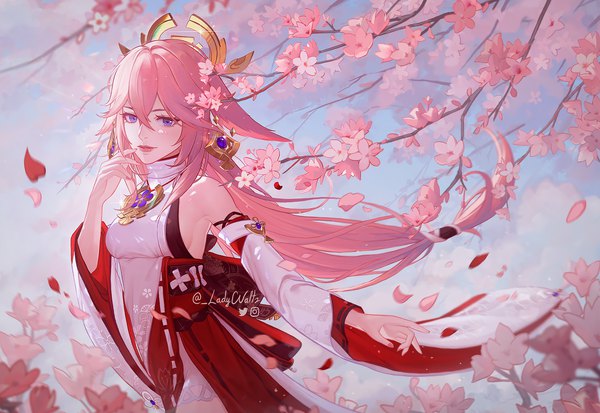 Anime picture 1600x1101 with genshin impact yae miko ladywaltz single long hair fringe hair between eyes purple eyes signed pink hair traditional clothes japanese clothes twitter username cherry blossoms low ponytail nontraditional miko spring girl flower (flowers) detached sleeves