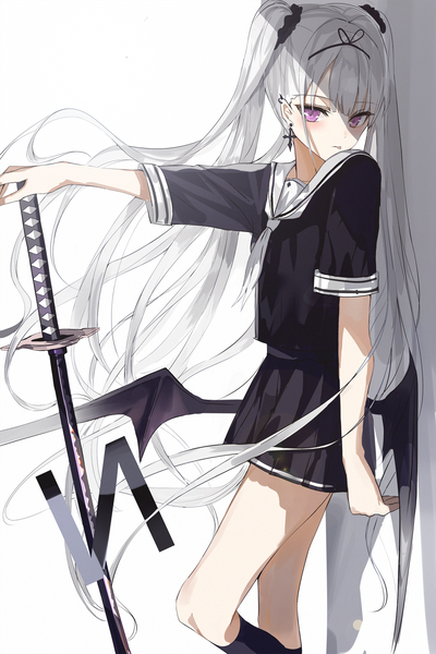 Anime picture 1200x1801 with original beckzawachi single tall image looking at viewer blush fringe simple background hair between eyes standing white background purple eyes twintails silver hair very long hair pleated skirt sunlight short sleeves shaded face :p