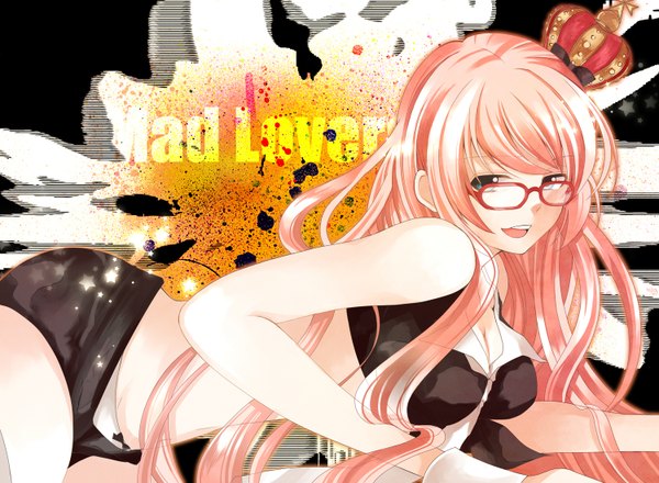 Anime picture 1500x1100 with vocaloid megurine luka rinko (41r) single long hair open mouth blue eyes bare shoulders pink hair girl glasses crown