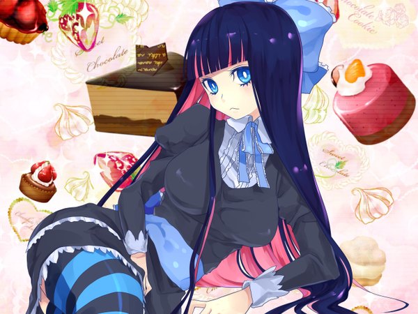 Anime picture 2800x2100 with panty & stocking with garterbelt anarchy stocking hanasaki mahiru long hair highres blue eyes purple hair multicolored hair colored inner hair girl thighhighs bow ribbon (ribbons) hair bow food sweets striped thighhighs cake