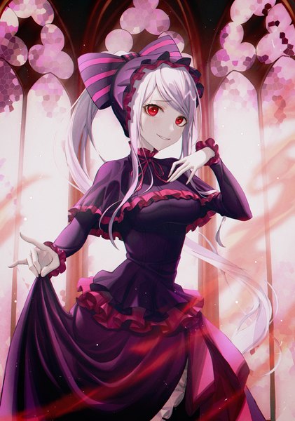 Anime picture 3440x4900 with overlord (maruyama) madhouse shalltear bloodfallen eichi (skskdi12z) single long hair tall image looking at viewer blush fringe highres breasts smile red eyes standing payot absurdres silver hair ponytail indoors