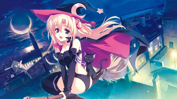 Anime-Bild 1065x600 mit sakura strasse marie rudel kusukusu long hair open mouth light erotic wide image cloud (clouds) open clothes city cityscape witch crescent city lights girl thighhighs ribbon (ribbons) black thighhighs hair ribbon hat
