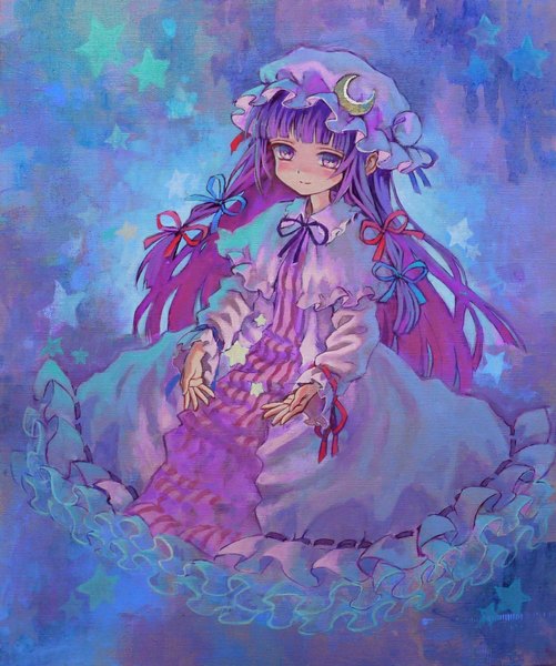 Anime picture 994x1191 with touhou patchouli knowledge ama-tou single long hair tall image blush fringe smile sitting purple eyes purple hair from above crescent traditional media girl dress bow hair bow star (symbol)