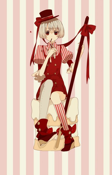 Anime picture 1111x1730 with original abararack single tall image looking at viewer fringe short hair simple background hair between eyes red eyes sitting holding full body bent knee (knees) grey hair puffy sleeves striped eating striped background asymmetrical legwear