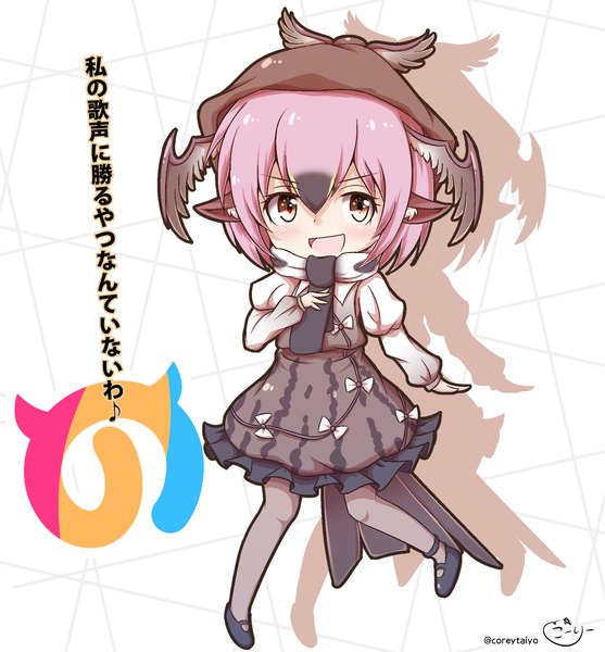 Anime picture 1878x2024 with kemono friends touhou mystia lorelei coreytaiyo single tall image looking at viewer fringe highres open mouth simple background smile hair between eyes brown eyes signed animal ears pink hair full body tail long sleeves
