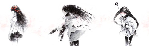 Anime picture 1280x397 with mahou shoujo madoka magica shaft (studio) akemi homura sousou (sousouworks) long hair looking at viewer black hair wide image standing multiple girls holding braid (braids) eyes closed profile wind grey eyes twin braids monochrome magical girl multiple persona