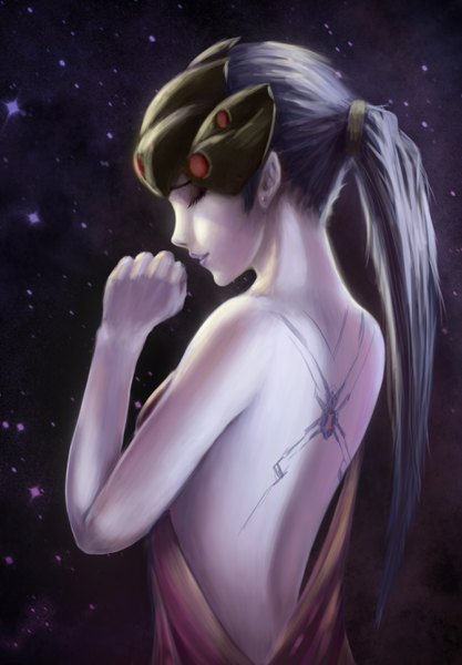 Anime picture 2032x2920 with overwatch blizzard entertainment widowmaker (overwatch) single long hair tall image highres ponytail eyes closed parted lips profile from behind night tattoo night sky back bare back purple skin girl dress