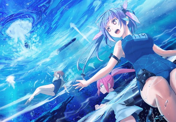 Anime picture 2300x1600 with kantai collection i-19 submarine i-58 submarine i-168 submarine hiyoko002 long hair highres short hair breasts open mouth light erotic large breasts twintails purple eyes multiple girls blue hair looking away pink hair ponytail barefoot