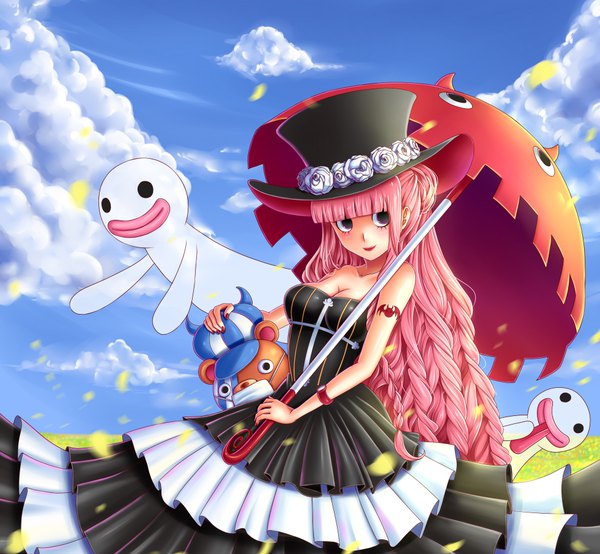 Anime picture 981x907 with one piece toei animation perona kumacy yumiyokiak single long hair blush fringe breasts standing bare shoulders holding looking away pink hair sky cleavage cloud (clouds) outdoors blunt bangs