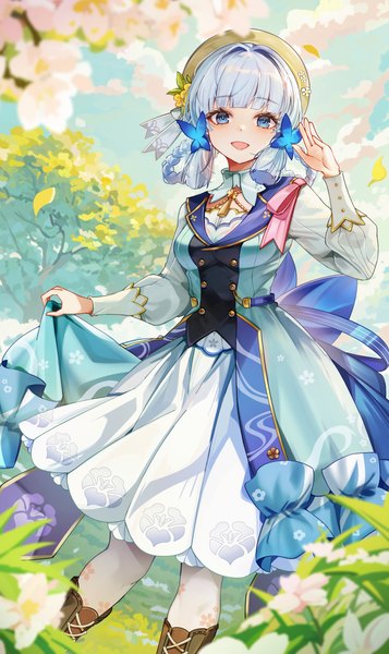 Anime picture 1646x2763 with genshin impact kamisato ayaka kamisato ayaka (springbloom missive) chen ying (alan-yut) single tall image looking at viewer fringe short hair open mouth blue eyes silver hair outdoors blunt bangs :d arm up official alternate costume hair rings girl dress