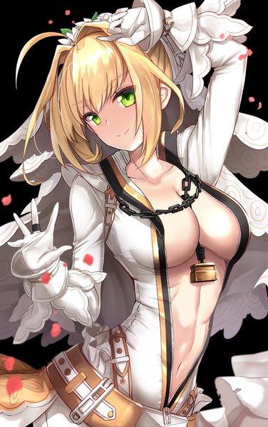 Anime picture 1129x1798 with fate (series) fate/extra fate/extra ccc nero claudius (bride) (fate) untue single tall image fringe short hair breasts light erotic simple background blonde hair smile hair between eyes large breasts standing green eyes payot looking away