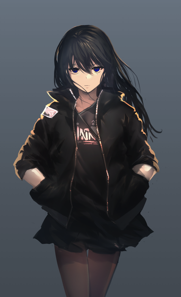 Anime picture 1524x2500 with original fixro2n single long hair tall image looking at viewer fringe blue eyes black hair simple background hair between eyes standing long sleeves pleated skirt grey background open clothes open jacket thigh gap expressionless clothes writing