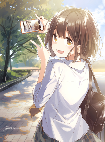 Anime picture 744x1000 with nidome no natsu nidoto aenai kimi moriyama rin buuta tall image looking at viewer blush fringe short hair open mouth smile brown hair holding brown eyes signed sky upper body long sleeves :d pleated skirt looking back