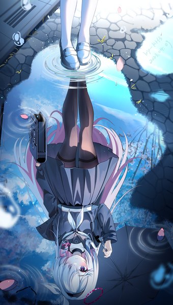 Anime picture 1200x2116 with blue archive arona (blue archive) plana (blue archive) miaogujun long hair tall image looking at viewer fringe standing multiple girls holding signed pink hair outdoors white hair braid (braids) long sleeves pleated skirt multicolored hair arm up