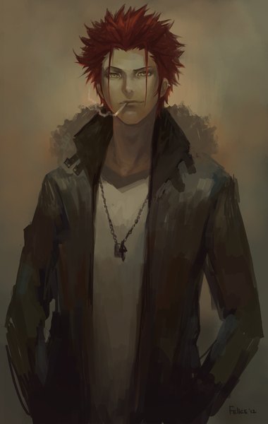Anime picture 1015x1600 with k-project gohands (studio) mikoto suoh felicemelancholie single tall image short hair simple background brown eyes signed red hair smoke hands in pockets smoking brown background boy earrings jacket pendant cigarette