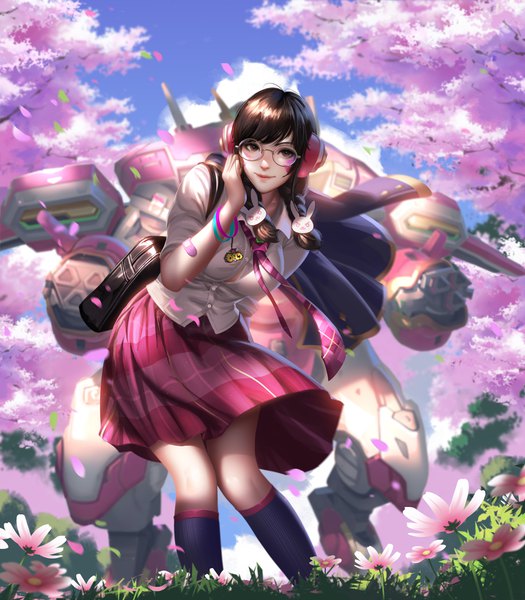Anime picture 3500x4000 with overwatch blizzard entertainment d.va (overwatch) meka (overwatch) academy d.va (overwatch) liang xing single long hair tall image looking at viewer fringe highres black hair smile standing brown eyes absurdres sky cloud (clouds) outdoors