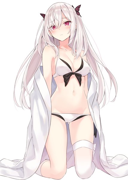Anime picture 2591x3624 with original azuuru single long hair tall image looking at viewer blush fringe highres breasts light erotic simple background hair between eyes red eyes white background bare shoulders payot cleavage silver hair full body