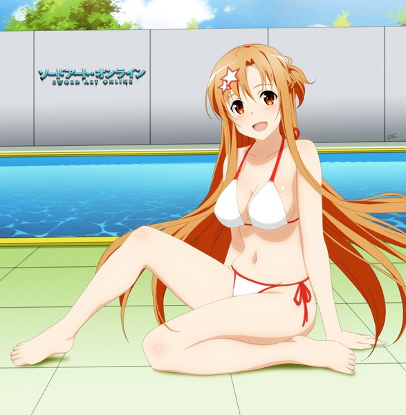 Anime picture 3428x3504 with sword art online a-1 pictures yuuki asuna shugo19 single long hair tall image looking at viewer highres breasts open mouth light erotic brown hair sitting brown eyes absurdres full body barefoot copyright name halterneck