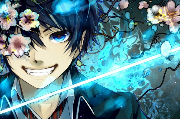 Anime picture 1000x666 with ao no exorcist a-1 pictures okumura rin matsunaka hiro single short hair blue eyes black hair smile teeth fang (fangs) grin cherry blossoms glowing portrait blue background boy flower (flowers) necktie branch