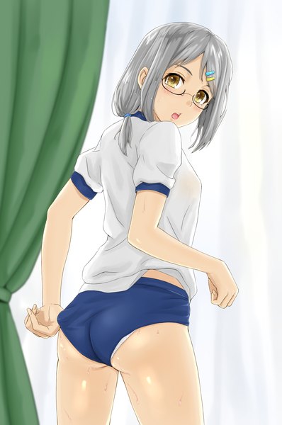 Anime picture 930x1403 with anitore! ex anitore! xx hiraoka yuu densuke (artist) single long hair tall image looking at viewer blush fringe open mouth light erotic standing yellow eyes ass looking back grey hair from behind :o short sleeves