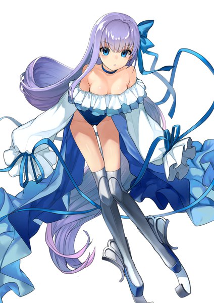 Anime picture 2315x3274 with fate (series) fate/grand order meltryllis (fate) meltryllis (swimsuit lancer) (fate) tate yukimi single tall image looking at viewer highres breasts blue eyes light erotic simple background white background purple hair full body long sleeves very long hair leaning leaning forward