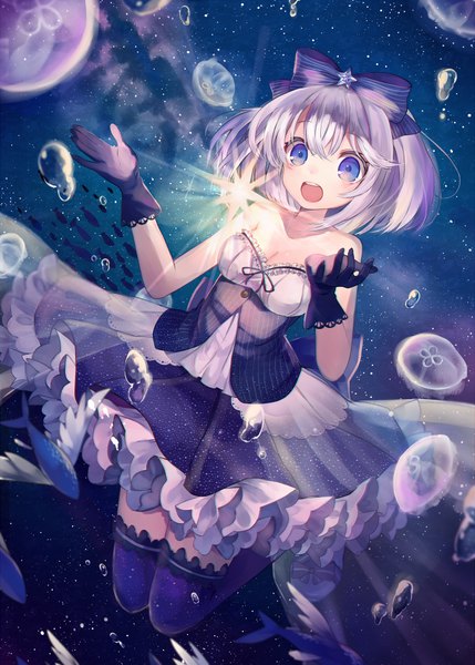 Anime picture 700x978 with original shugao single tall image blush fringe short hair open mouth blue eyes hair between eyes silver hair :o sleeveless underwater glow girl thighhighs dress gloves bow