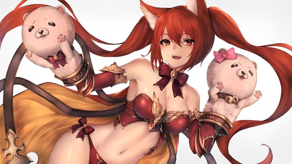 Anime picture 2667x1500 with shingeki no bahamut cerberus (shingeki no bahamut) snm (sunimi) single long hair looking at viewer blush fringe highres breasts open mouth light erotic simple background hair between eyes red eyes wide image large breasts white background twintails bare shoulders