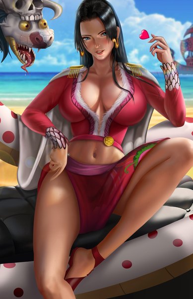 Anime picture 1920x2958 with one piece toei animation boa hancock salome (one piece) tushar8130 single long hair tall image looking at viewer blush highres breasts blue eyes light erotic black hair large breasts sitting payot sky cloud (clouds)